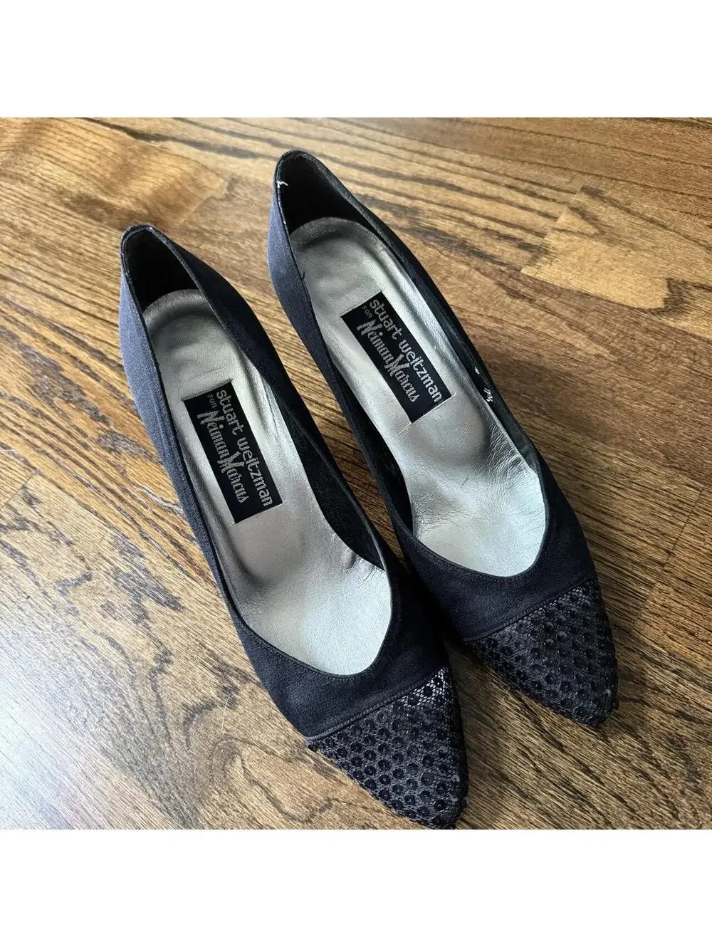 ✨ Vintage Stuart Weitzman x Neiman Marcus Black Sequin Cap Toe Heels 7.5